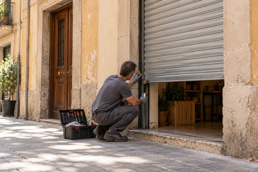 Cierre metálico de un pequeño comercio en una calle estrecha del Raval